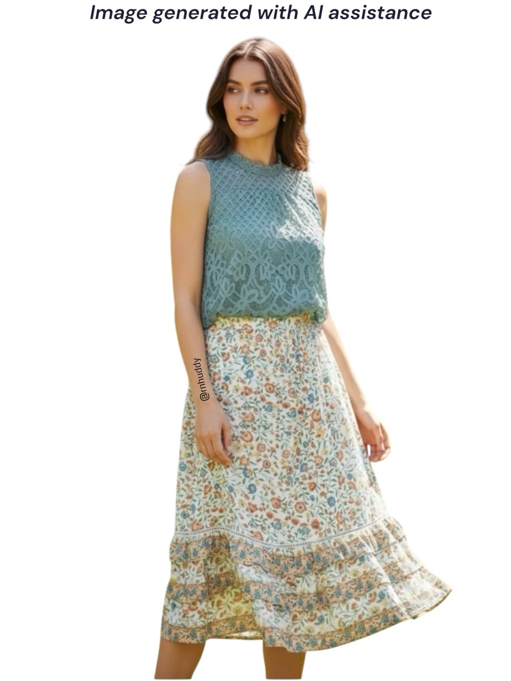 Rose & Thyme L floral elastic waist midi skirt